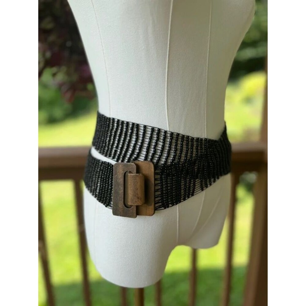 Black Hand Beaded Stretch Waist Belt Wood Buckle Boho Wide Elastic Belt